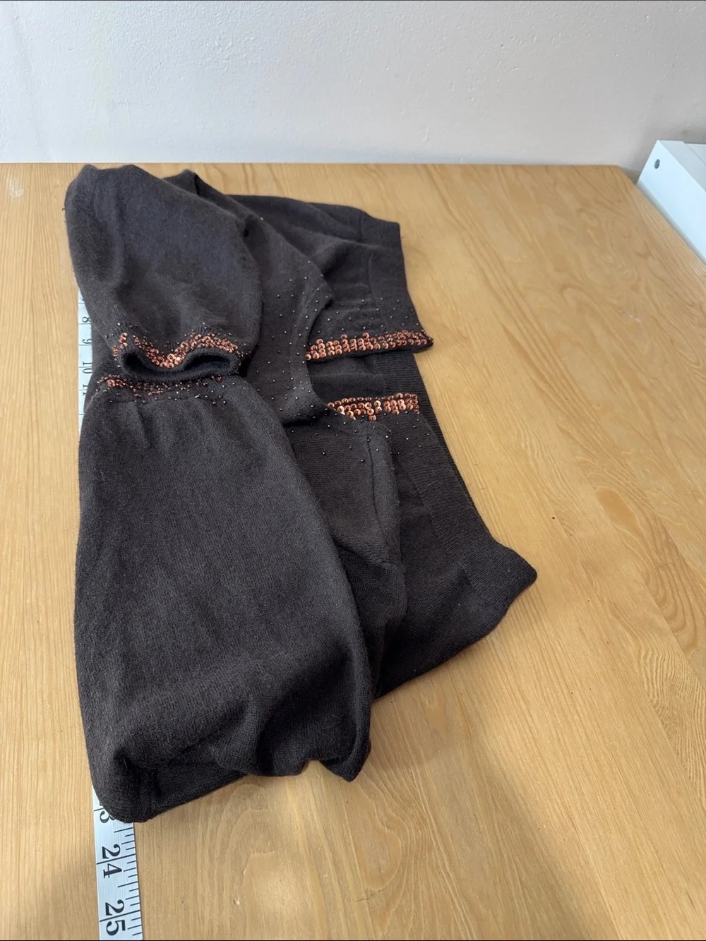 VTG Maggy London Chocolate Brown Cardigan Knit Beaded Trim Angora Silk Classic